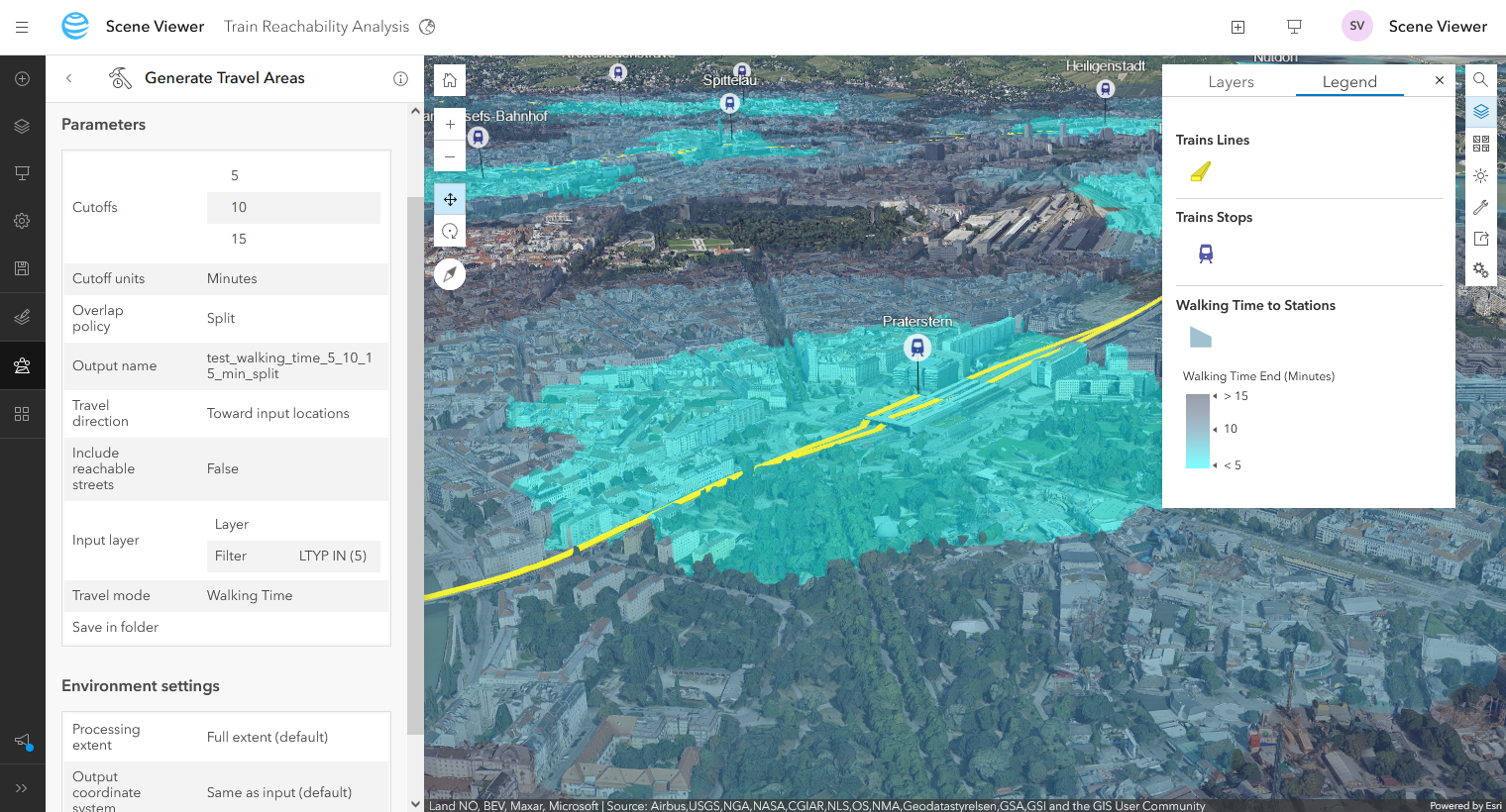 Generate a walk time analysis from the Vienna train stations in Scene Viewer Generate a walk time analysis from the Vienna train stations in Scene Viewer