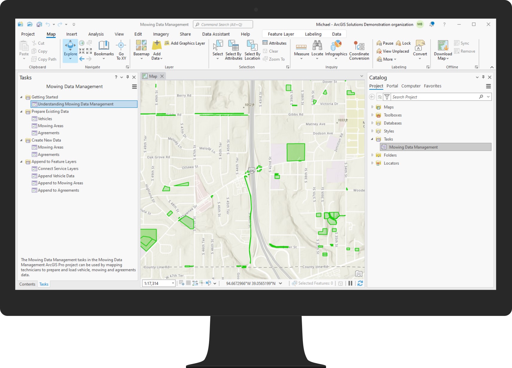 An image of the Mowing Data Management ArcGIS Pro Project. An image of the Mowing Data Management ArcGIS Pro Project.