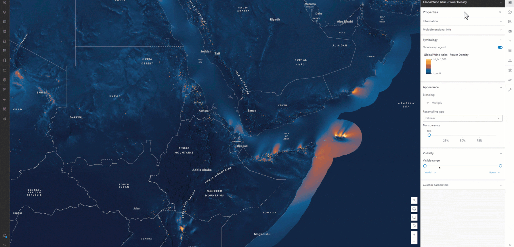 Animated gif showing the multidimensions for Wind Power Density around the Horn of Africa. Animated gif showing the multidimensions for Wind Power Density around the Horn of Africa.