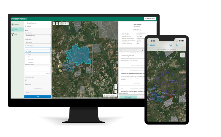 Desktop and mobile phone showing a map with a section specified in a blue-green color. Desktop and mobile phone showing a map with a section specified in a blue-green color.