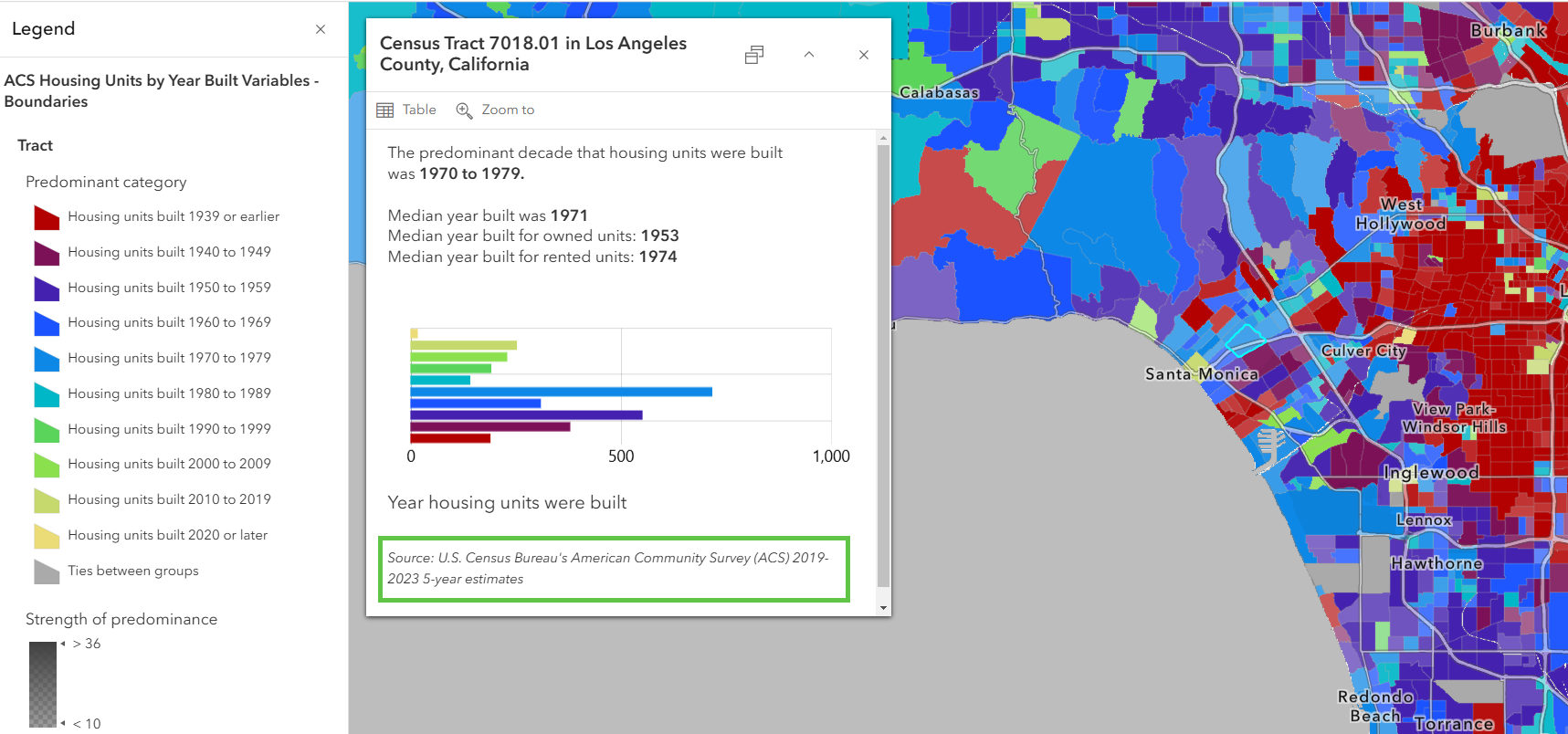Map of year that housing units were built, with pop-up containing text, chart, and now, data vintage note at the bottom. Map of year that housing units were built, with pop-up containing text, chart, and now, data vintage note at the bottom.
