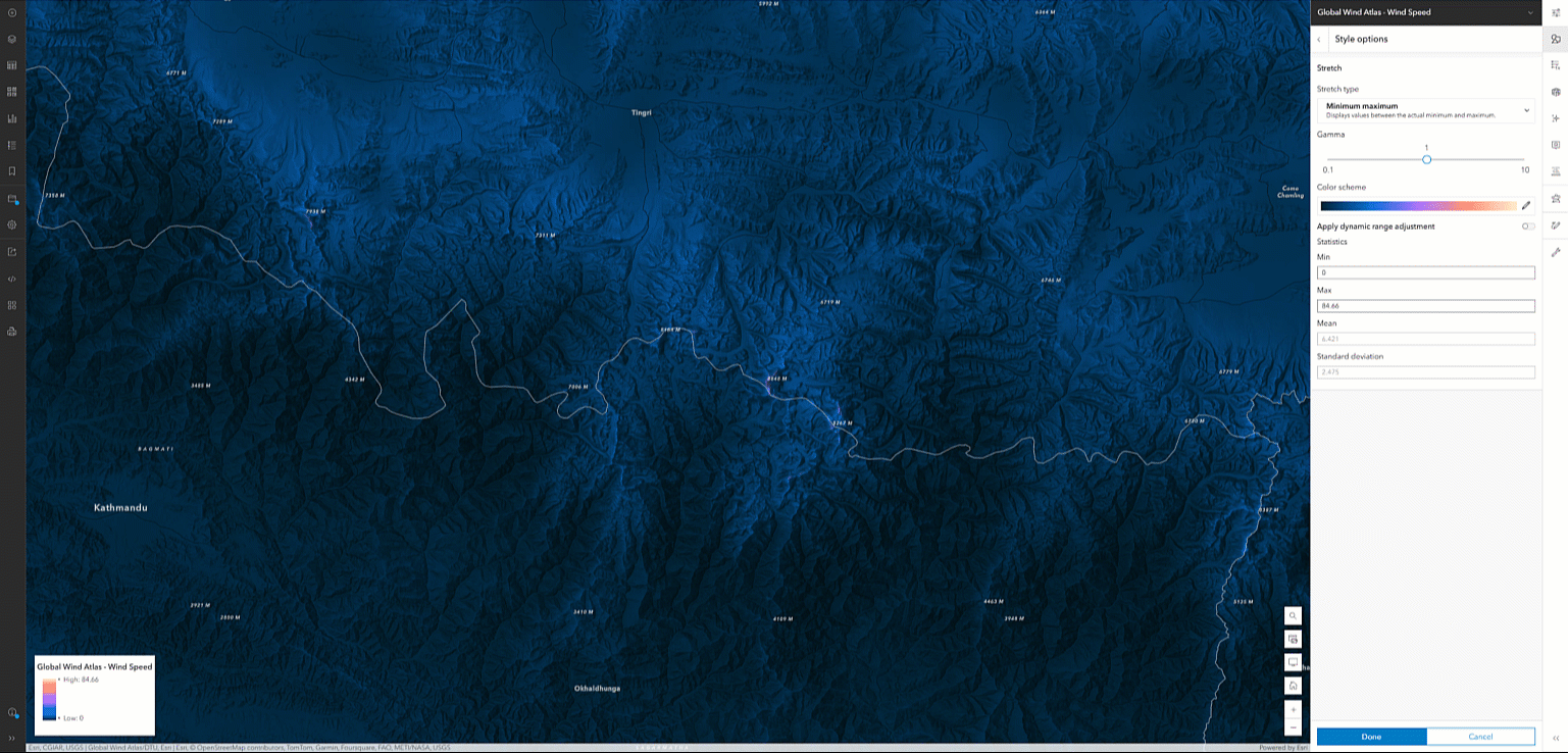 Animated gif showing how to change the maximum values in ArcGIS Online for Wind Speed and how that changes the map. Animated gif showing how to change the maximum values in ArcGIS Online for Wind Speed and how that changes the map.