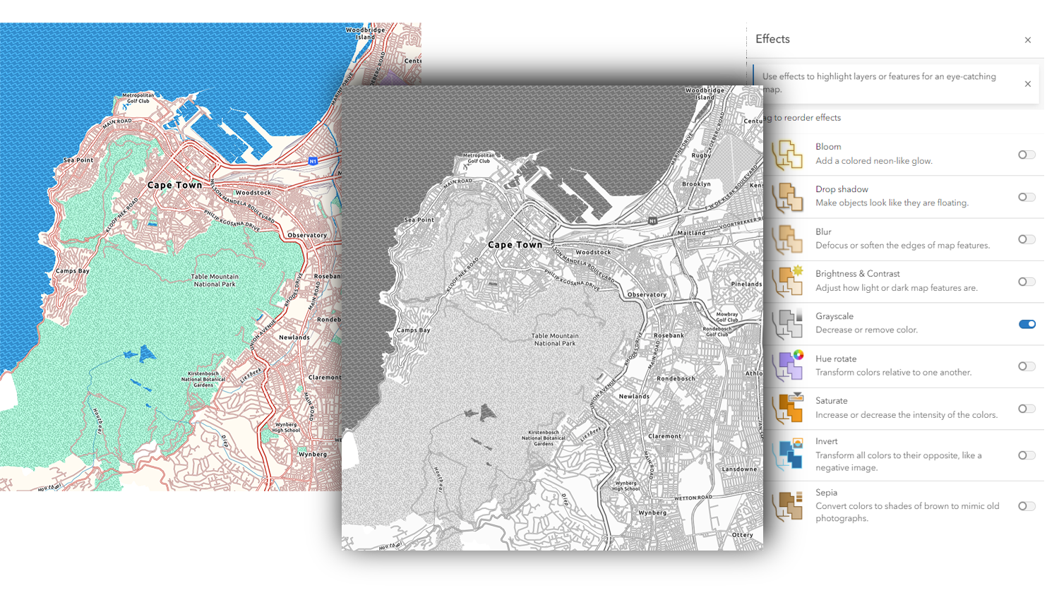 The Enhanced Contrast Basemap, showing the results of using the Grayscale Effect in ArcGIS Map Viewer The Enhanced Contrast Basemap, showing the results of using the Grayscale Effect in ArcGIS Map Viewer