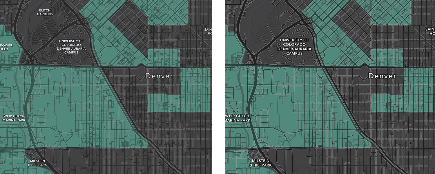 Before and after samples of the Human Geography Dark Basemap showing similar adjustments. Before and after samples of the Human Geography Dark Basemap showing similar adjustments.
