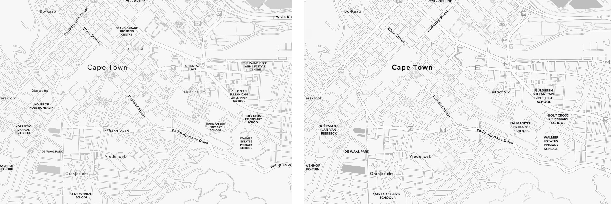 Before and after samples of the Human Geography Basemap showing increased label sizes. Before and after samples of the Human Geography Basemap showing increased label sizes.