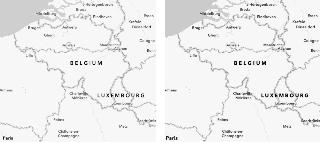 Before and after samples of the Human Geography Basemap showing heavier label weights Before and after samples of the Human Geography Basemap showing heavier label weights