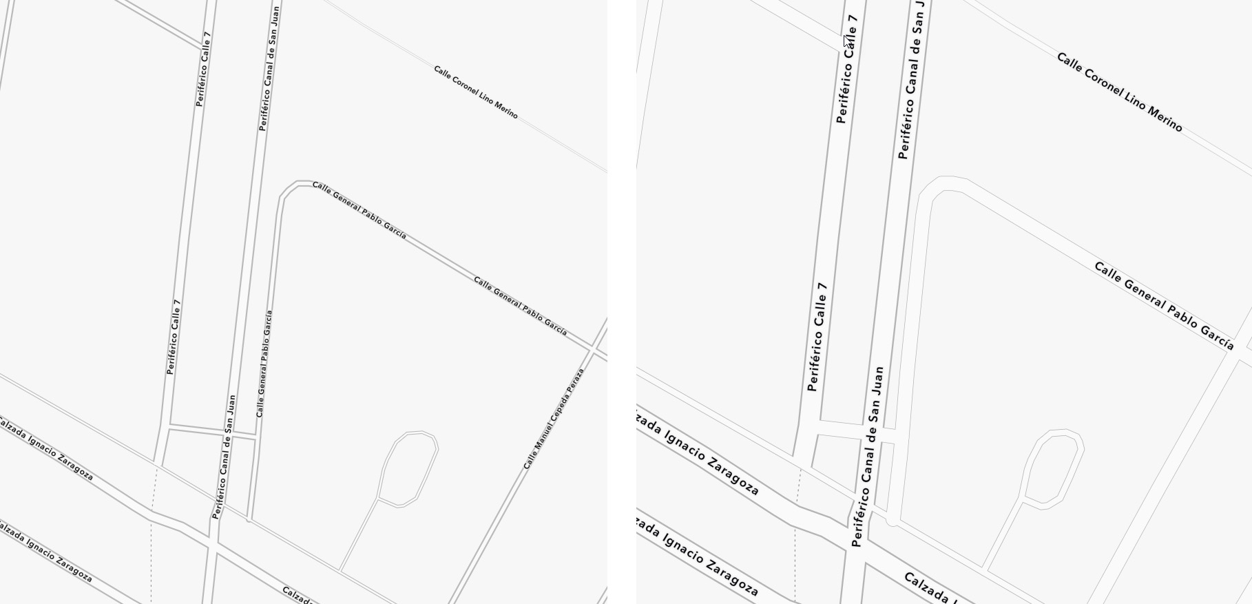Before and after large scale samples of the Human Geography Basemap showing increased street width Before and after large scale samples of the Human Geography Basemap showing increased street width