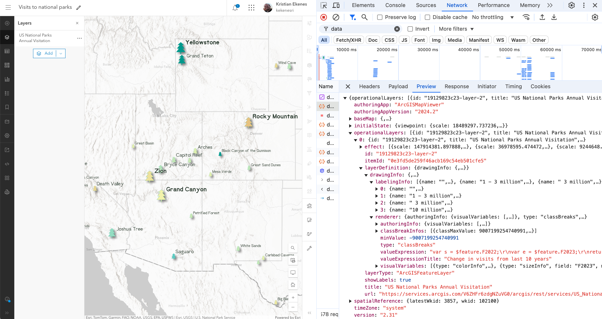 You can open your browser's developer tools to view the portal item JSON for the current map. In the image above, you can clearly see the renderer properties and label classes that have been saved to the item. You can open your browser's developer tools to view the portal item JSON for the current map. In the image above, you can clearly see the renderer properties and label classes that have been saved to the item.
