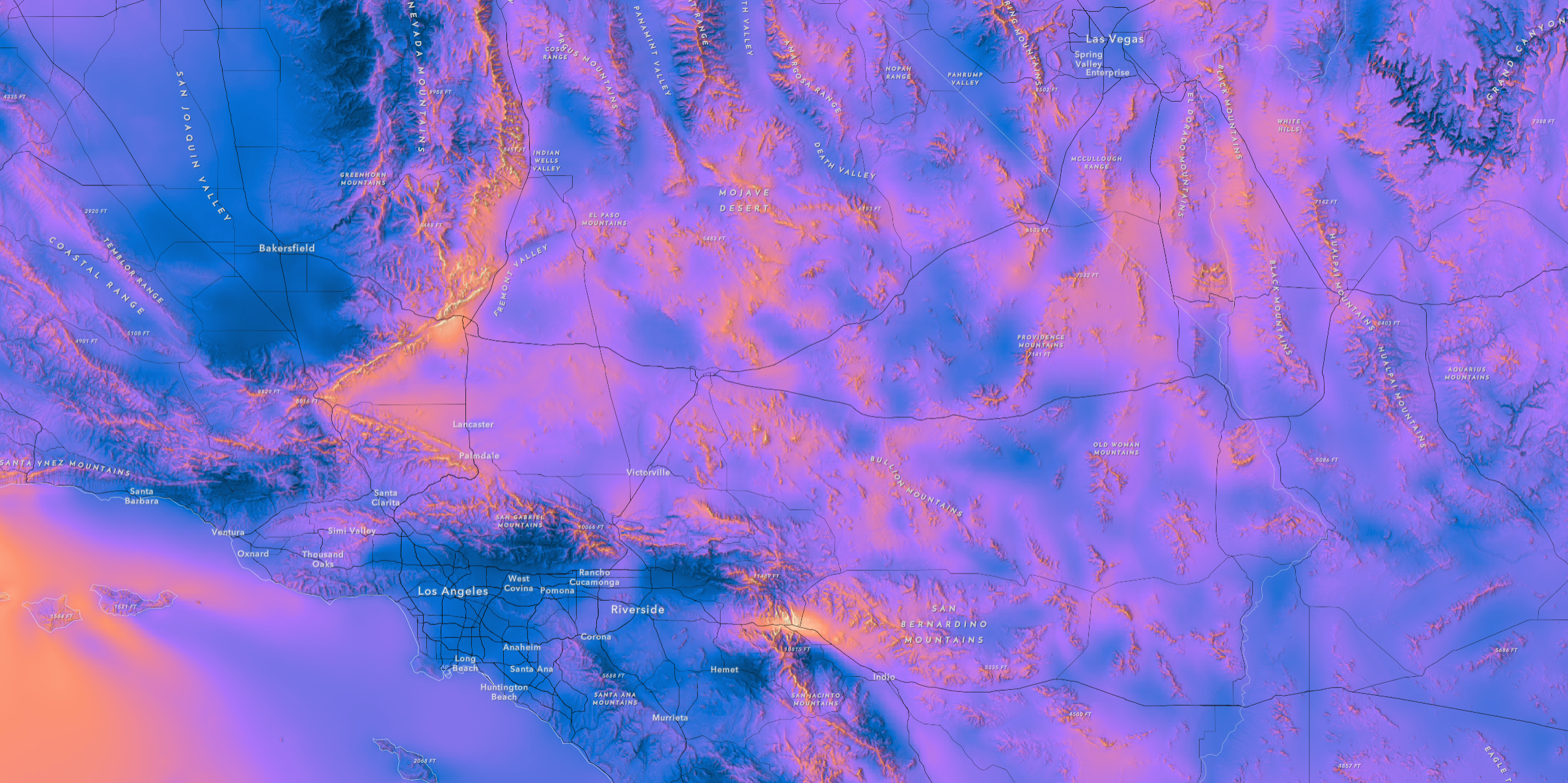 Southern California's Mojave Desert and vicinity showing 100 meter height wind speed. Southern California's Mojave Desert and vicinity showing 100 meter height wind speed.