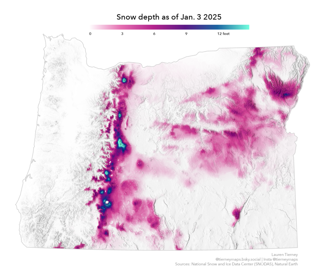 Map of snow depth in Oregon on January 3 2025 Map of snow depth in Oregon on January 3 2025