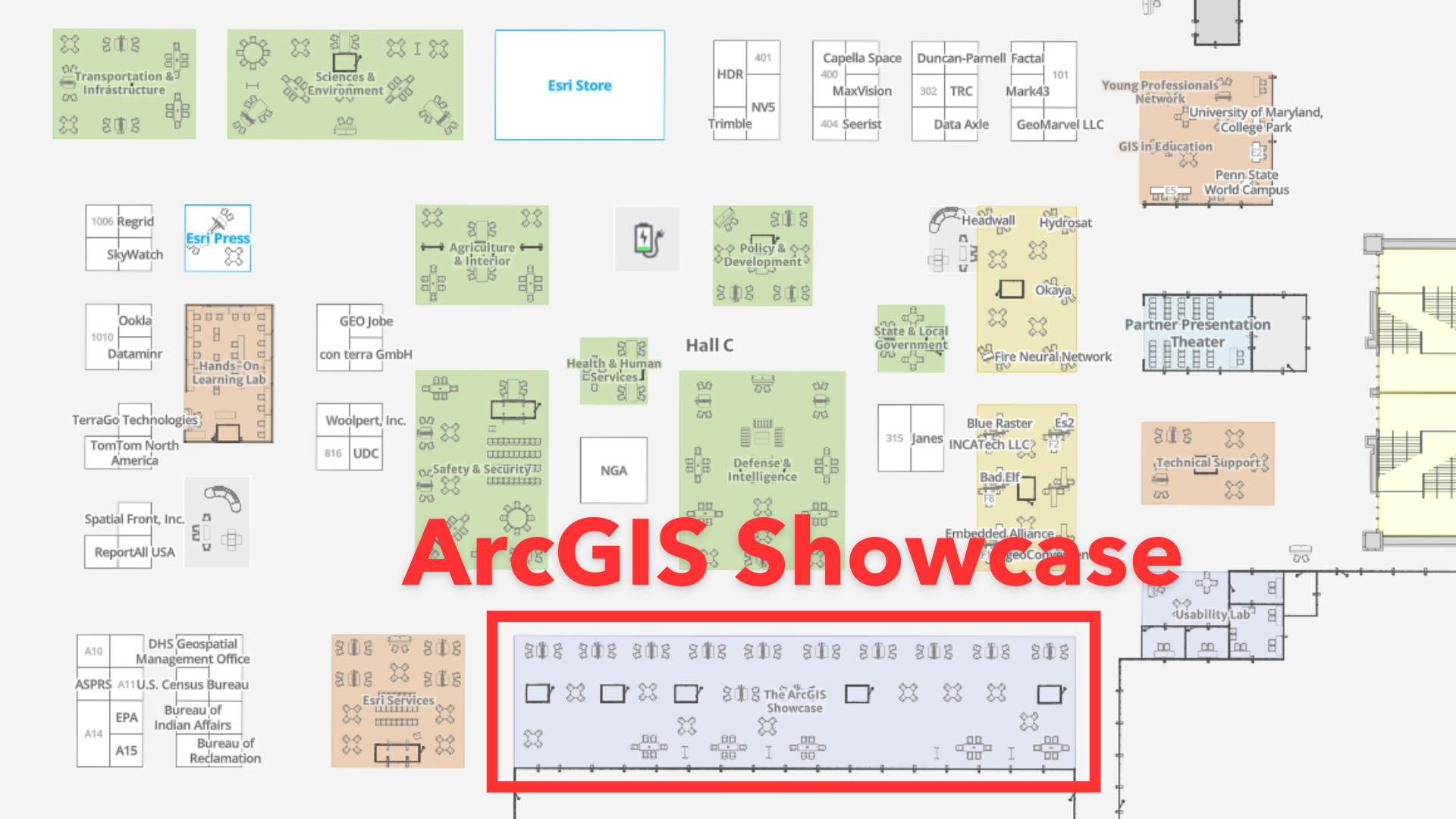 Map of the FedGIS showcase with the ArcGIS Showcase area highlighted in red Map of the FedGIS showcase with the ArcGIS Showcase area highlighted in red
