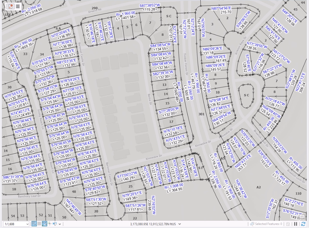 Plan view of parcel data for residential lots in a subdivision Plan view of parcel data for residential lots in a subdivision