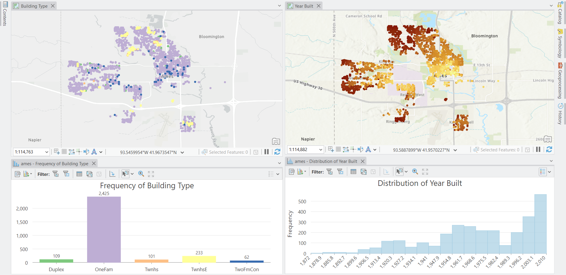 Screenshot of ArcGIS Pro displaying 2 maps. The left side colors points based on their building type. Below it is a bar chart of the building types. Duplex has a value of 104, OneFam has 2425, Twnhs has 101, TwnhsE has 233, and TwoFmCon has 62. On the right displays the points colored by the year they were built. A lot of recently build properties in center. Below is a histogram that displays a long left tail with most houses being built in the early 2000s. Screenshot of ArcGIS Pro displaying 2 maps. The left side colors points based on their building type. Below it is a bar chart of the building types. Duplex has a value of 104, OneFam has 2425, Twnhs has 101, TwnhsE has 233, and TwoFmCon has 62. On the right displays the points colored by the year they were built. A lot of recently build properties in center. Below is a histogram that displays a long left tail with most houses being built in the early 2000s.