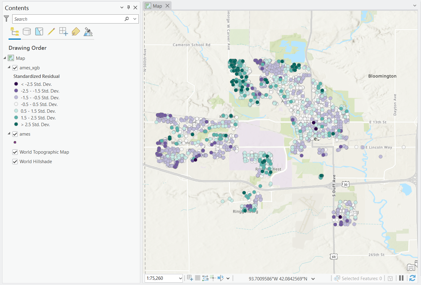 Screenshot of ArcGIS Pro illustrating standardized residuals from the base boosted tree regression model. Screenshot of ArcGIS Pro illustrating standardized residuals from the base boosted tree regression model.
