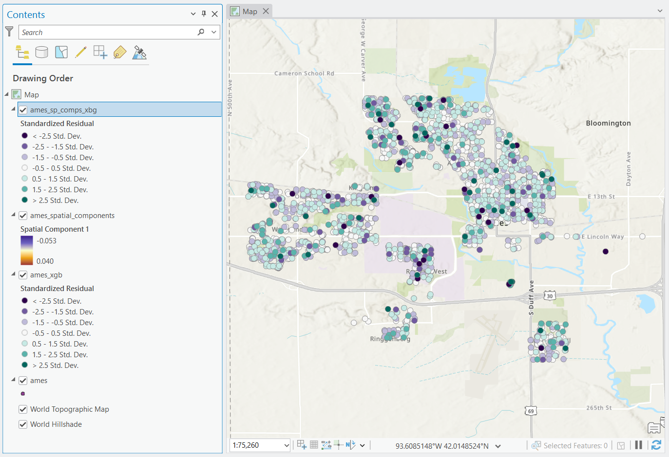 Screenshot of ArcGIS Pro showing the standardized residuals of the Boosted Regression Tree model with spatial components. Screenshot of ArcGIS Pro showing the standardized residuals of the Boosted Regression Tree model with spatial components.
