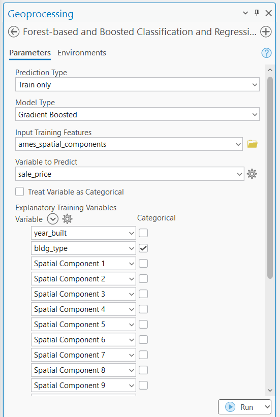 Forest-based and Boosted Classification and Regression geoprocessing dialog. The variable to predict is sale_price and the explanatory training variables are bldg_type, year_built, and spatial components 1 through 9 Forest-based and Boosted Classification and Regression geoprocessing dialog. The variable to predict is sale_price and the explanatory training variables are bldg_type, year_built, and spatial components 1 through 9