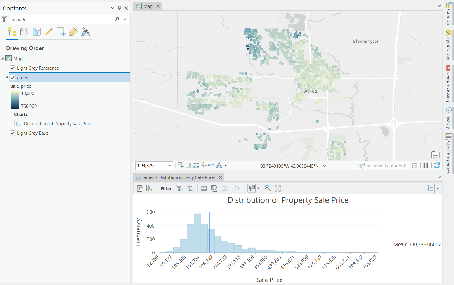 Screenshot of ArcGIS Pro showing a map of house sale prices in Ames, Iowa with a histogram of prices displayed in a chart below Screenshot of ArcGIS Pro showing a map of house sale prices in Ames, Iowa with a histogram of prices displayed in a chart below