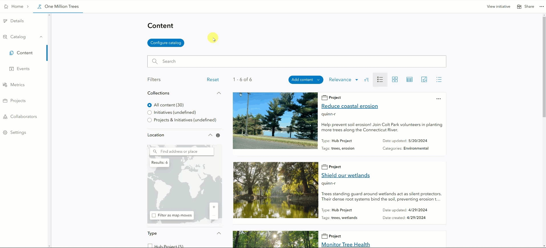 Configuration panel for content and event collections in ArcGIS Hub, showing collection management and filtering options. Configuration panel for content and event collections in ArcGIS Hub, showing collection management and filtering options.