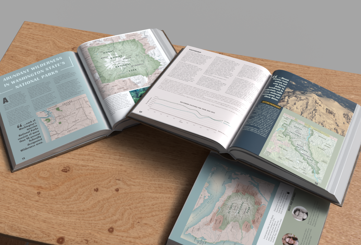 3D rendering of the final publication with all maps added to the layout. This shows all the National Park maps added to the media grid as a preview of how the printed publication will appear. 3D rendering of the final publication with all maps added to the layout. This shows all the National Park maps added to the media grid as a preview of how the printed publication will appear.