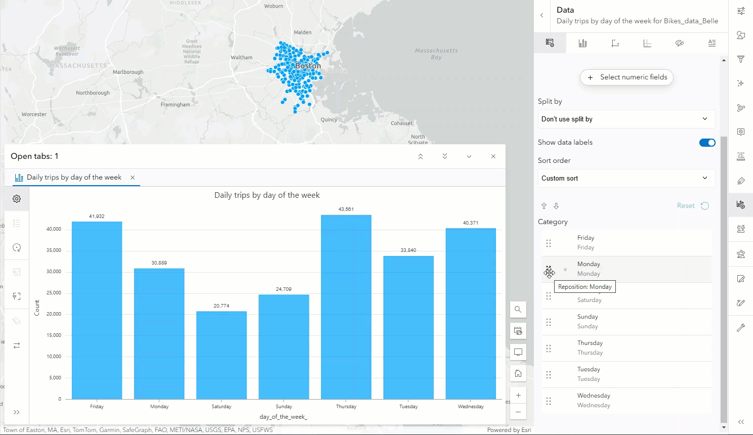 GIF showing a workflow of custom sorting days of the week on a chart in Map Viewer. GIF showing a workflow of custom sorting days of the week on a chart in Map Viewer.