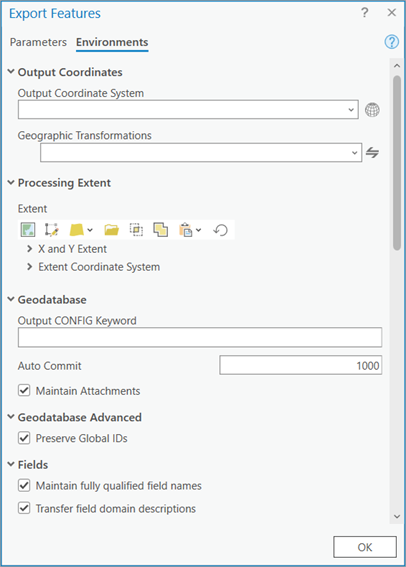 The Export Features geoprocessing tool - Environment settings The Export Features geoprocessing tool - Environment settings