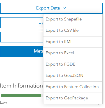 The Export Data option from ArcGIS Online The Export Data option from ArcGIS Online