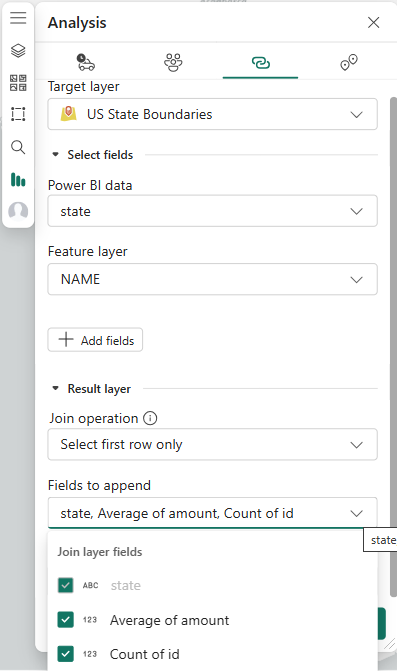 Join operation is shown with Select first row only selected. Fields to append is showing fields state, Average of amount, Count of id. All fields are selected. Join operation is shown with Select first row only selected. Fields to append is showing fields state, Average of amount, Count of id. All fields are selected.