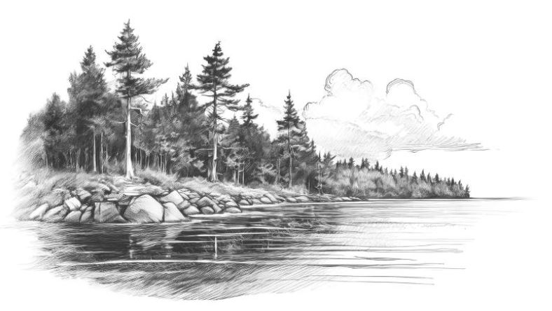 A black and white illustration of the San Juan Islands coastline peppered with evergreens