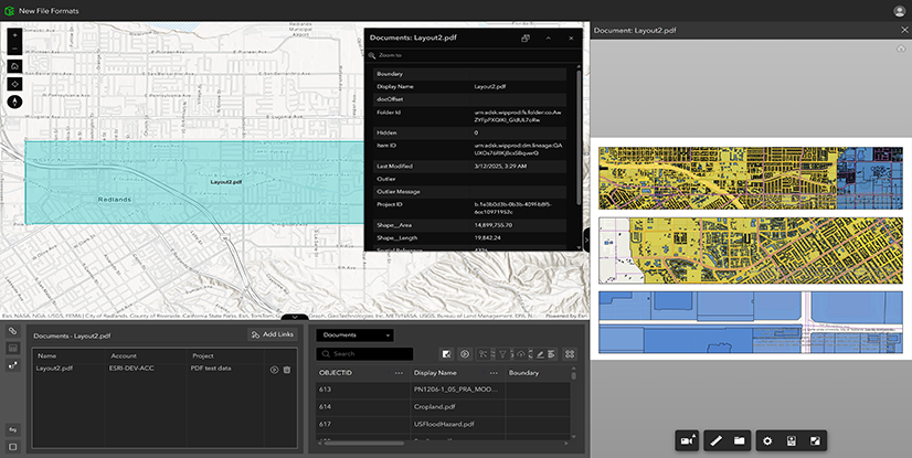 A screenshot of ArcGIS GeoBIM showing the extent of a PDF document on a web map.