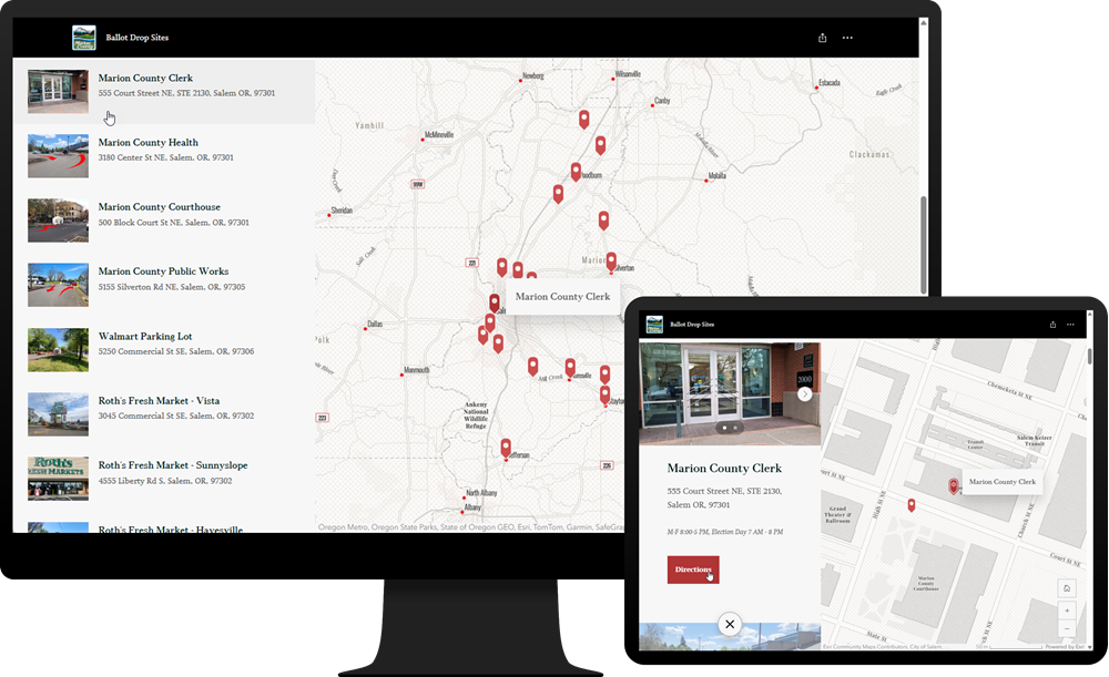 Desktop showing a ballot site map. Photos and information about each site is listed on the left and a map is on the right with red point features dotting the map. A tablet is inset, showing one drop site, with an image and detailed info on the left.