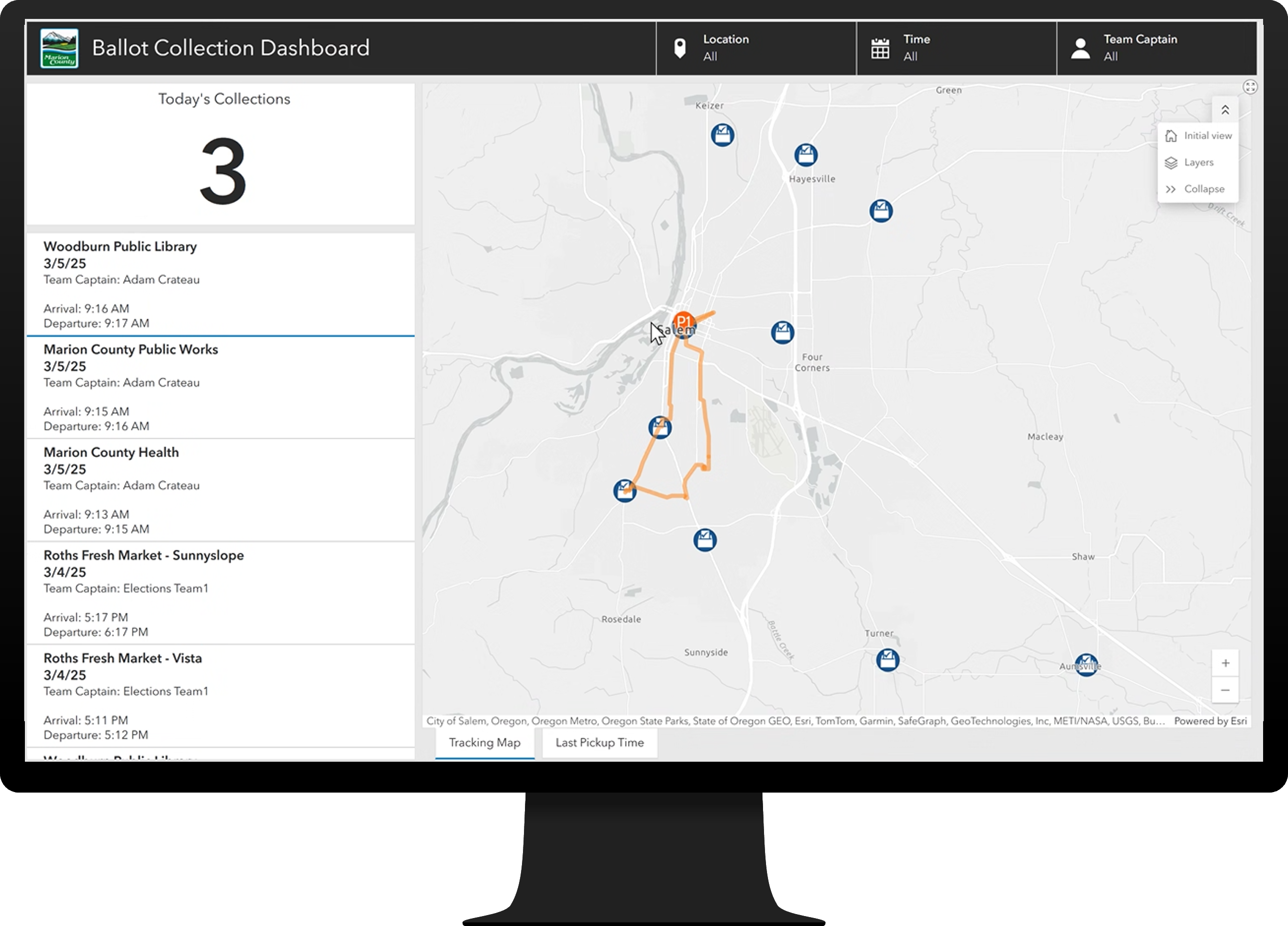 Dashboard showing locations on the left and a map on the right. The map has an orange line feature representing routs and blue point features representing ballot drop sites.