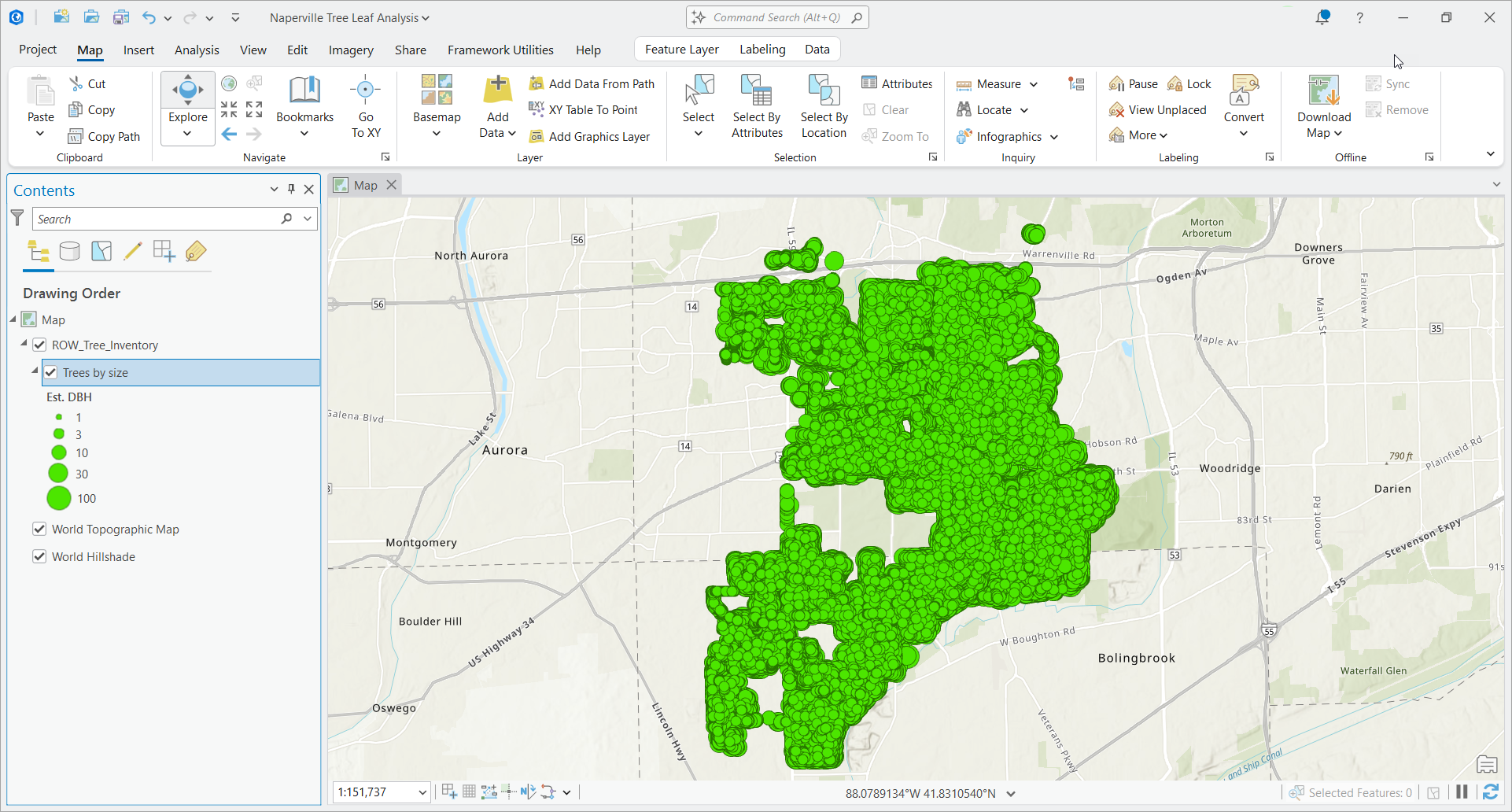 Trees shown as points