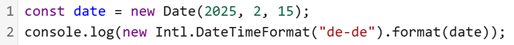 Code that formats a date in the German-Germany locale using JavaScript's Intl.DateTimeFormat object