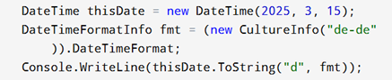 Code that formats a date in the German-Germany locale using the DateTimeFormatInfo class from .NET globalization API