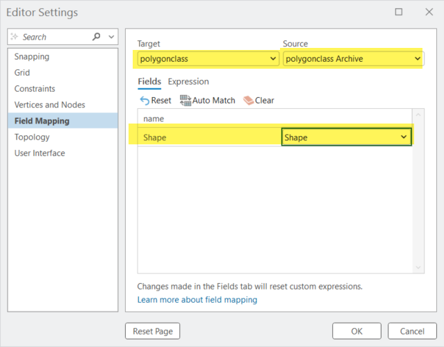 Set the source and the target layers in the Field Mapping
