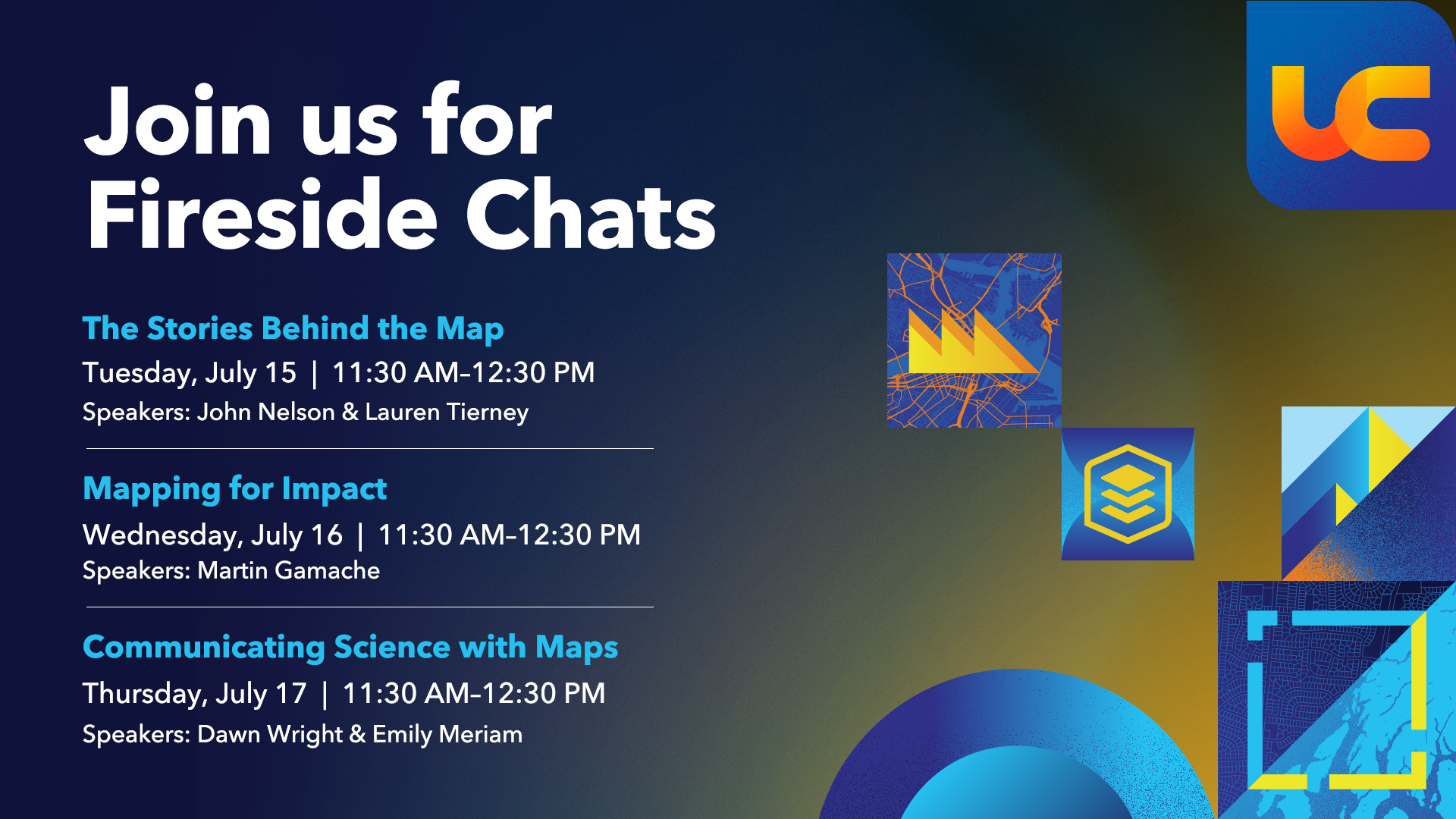 A black and gradient gold rectangular card that reads "Join us for the fireside chats" across the top and the agenda below