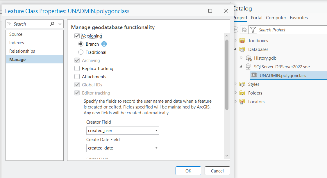 Register the feature class as branch versioned using the Manage tab
