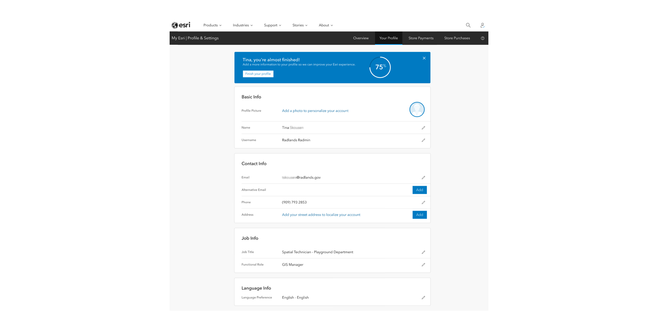 A blue and white form to complete profile information for My Esri.
