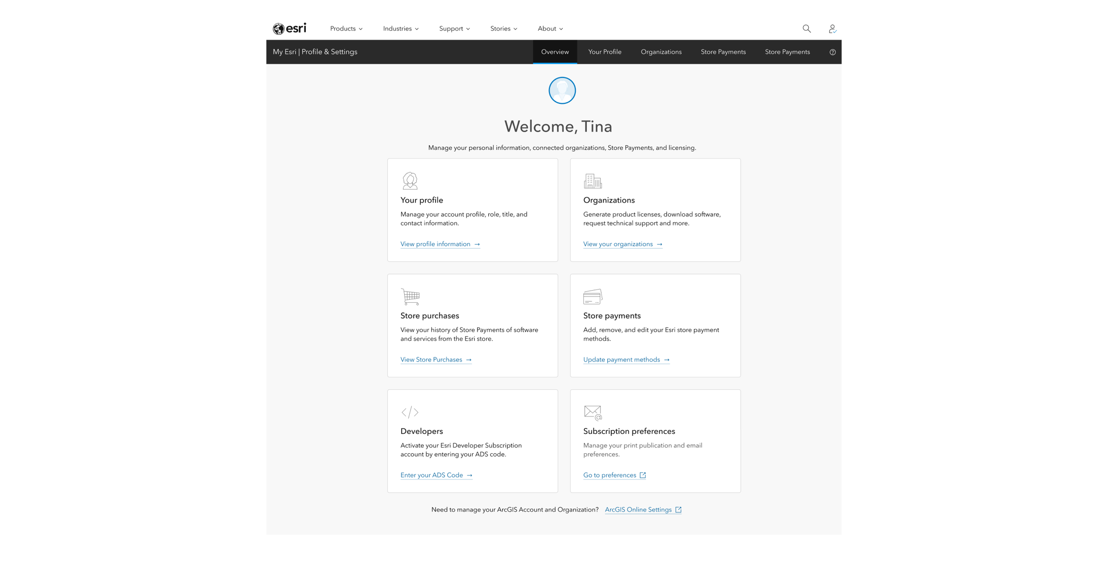 An overview page featuring cards to help navigate My Esri.