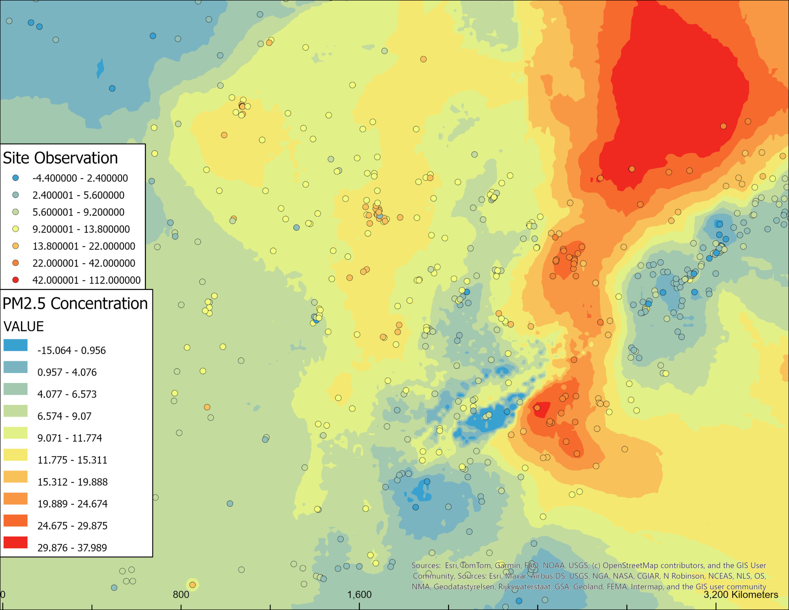 Geographically Neural Network Weighted Regression Air Interpolation Map showing PM2.5 Particle concentration from low(in blues) to high(in reds)