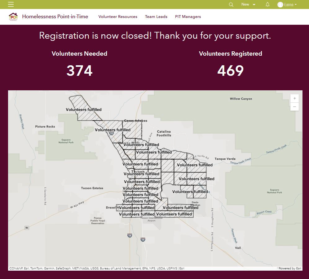Screenshot of a computer showing volunteers needed and registered in white on a maroon background. There is a map of Pima County that shows where volunteer numbers have been fulfilled.