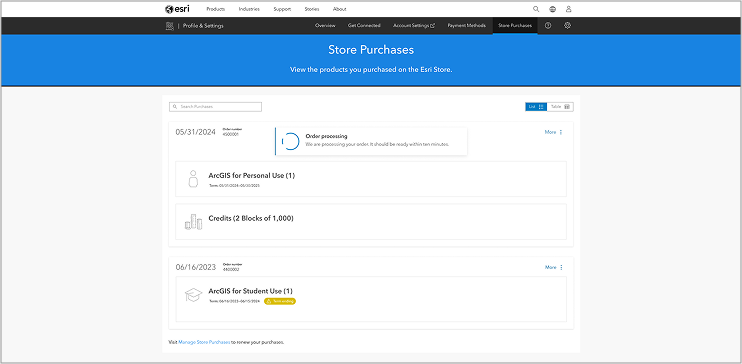 New Store Purchases page in My Esri advises of fulfillment status.