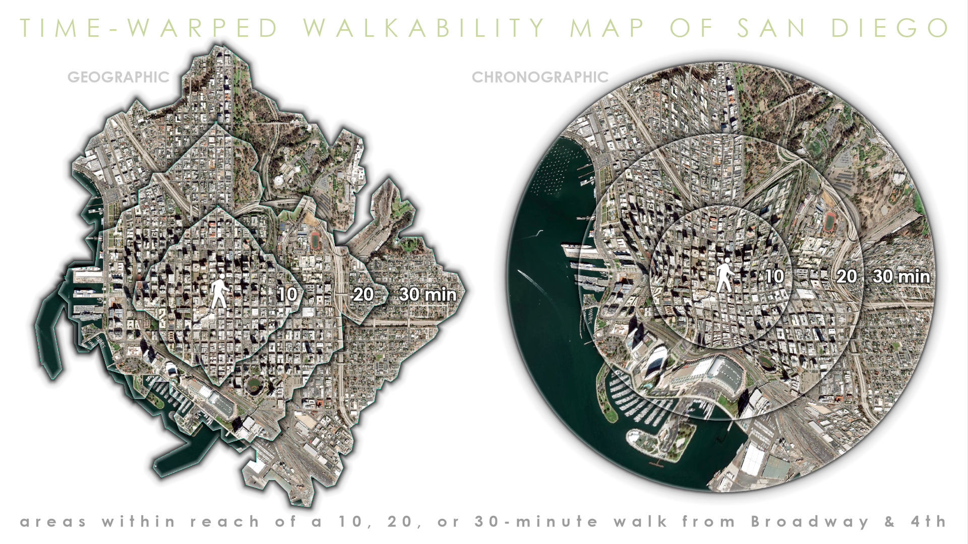 Geographic and chronographic perspectives of walk-time areas. Geographic and chronographic perspectives of walk-time areas.