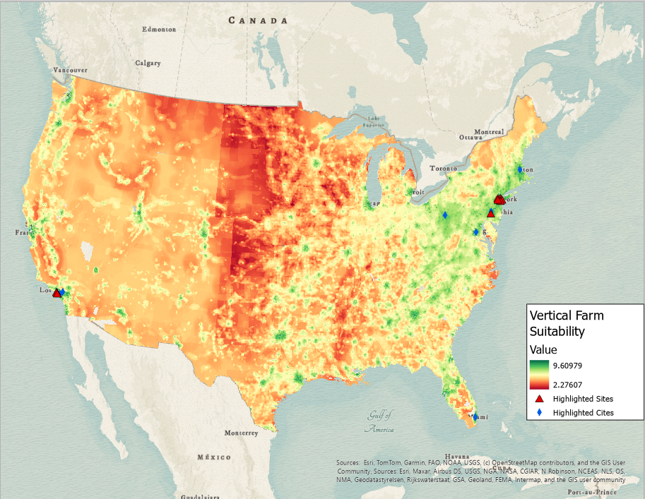 Vertical Farm Suitability Map showing more suitability in the green and less suitability in reds