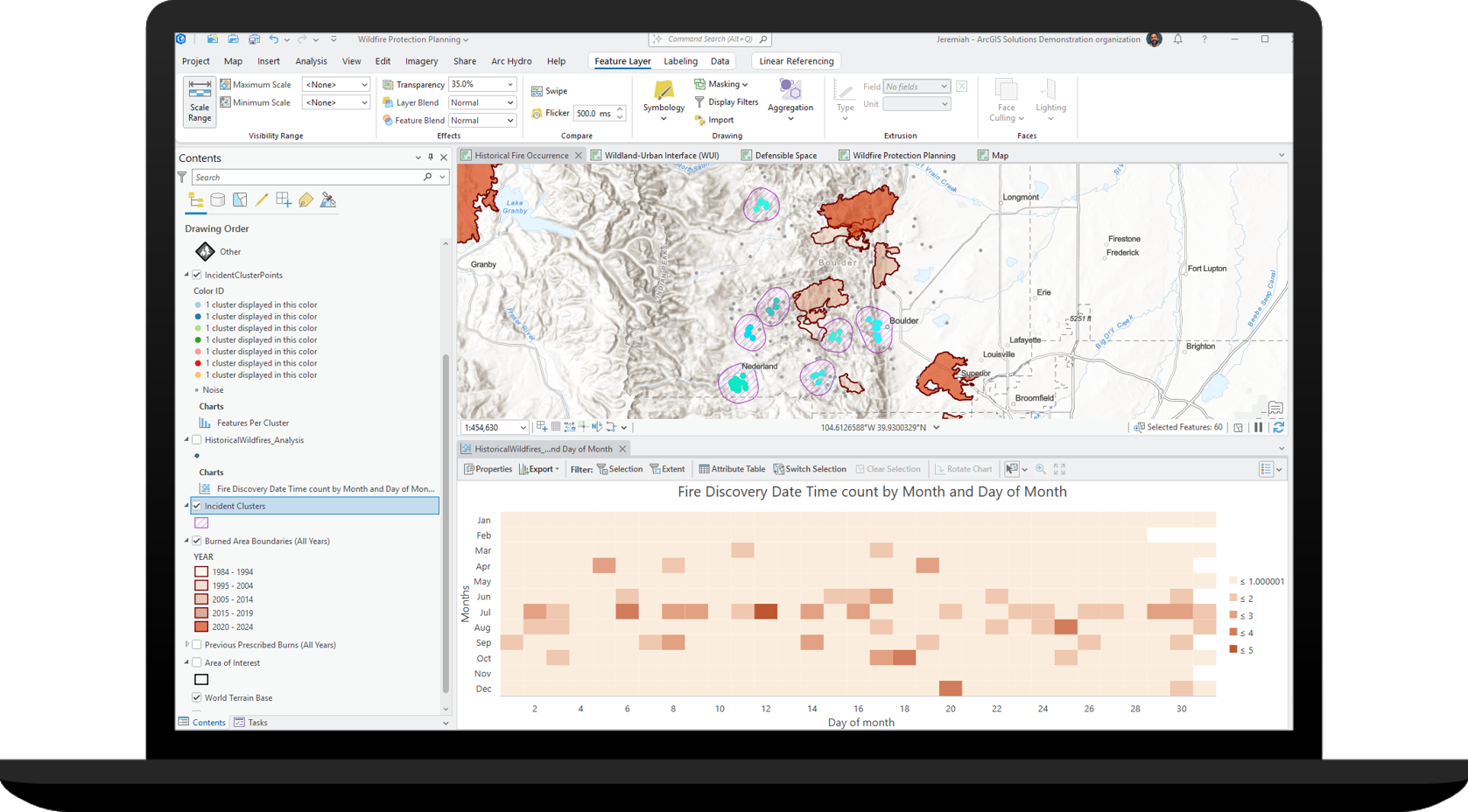 An ArcGIS Pro project interface and map showing historical wildfires