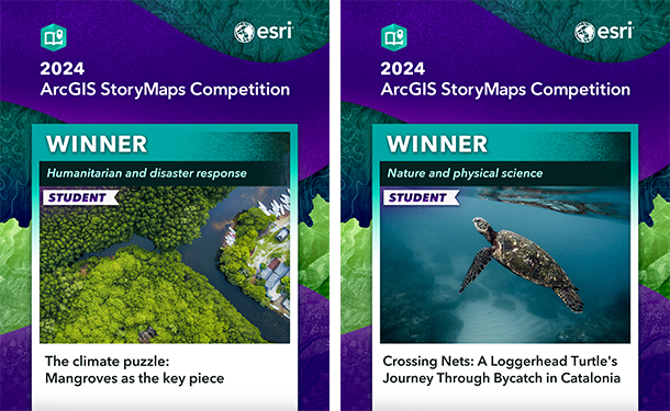 Aerial view of a mangrove forest next to an underwater view of a sea turtle and both images have the caption 2024 ArcGIS StoryMaps competition winner