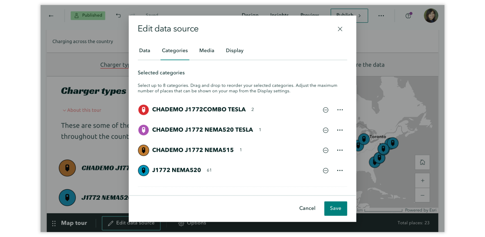 A screenshot of the categorized map tour enhancements.