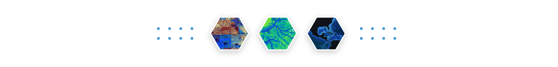 Three hexbins in a horizontal row filled with Living Atlas map images