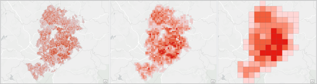 Three side-by-side point aggregations with small, medium and large bin sizes, illustrating the varying patterns revealed by different bin sizes.