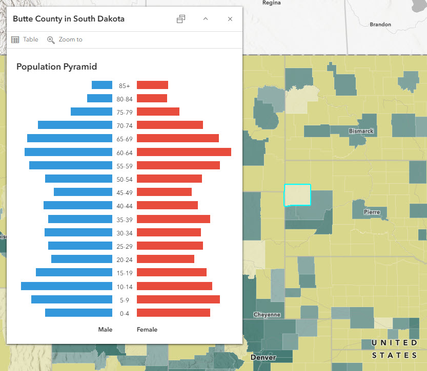 Butte County, SD is faintly yellow in the map, meaning it has slightly more rural population than urban. The population pyramid is roughly hourglass-shaped, meaning it has large bars in the children and teens age groups, and large bars in the 60+ age groups, and smaller bars in the 20-59 age groups.